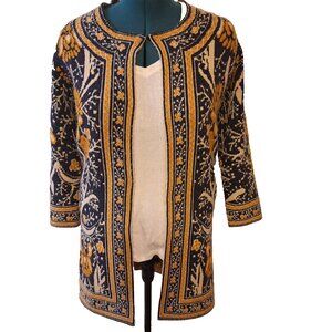 MaxSport LA Long Cardigan Sweater Duster Gold Blue Print Gorgeous Harvest XS Sm